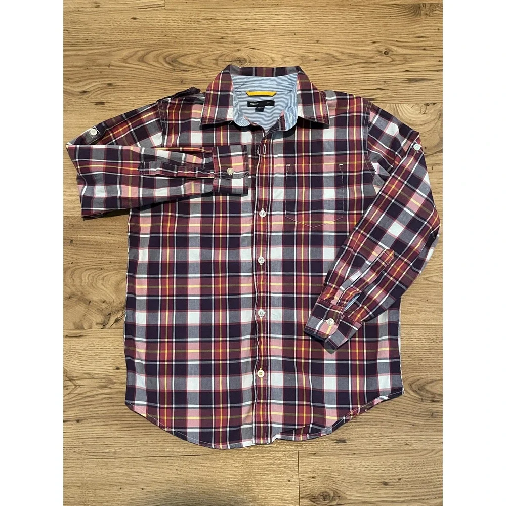 GapKids Button Down Shirt Boys Size L Burgundy Plaid Long Sleeve School Church